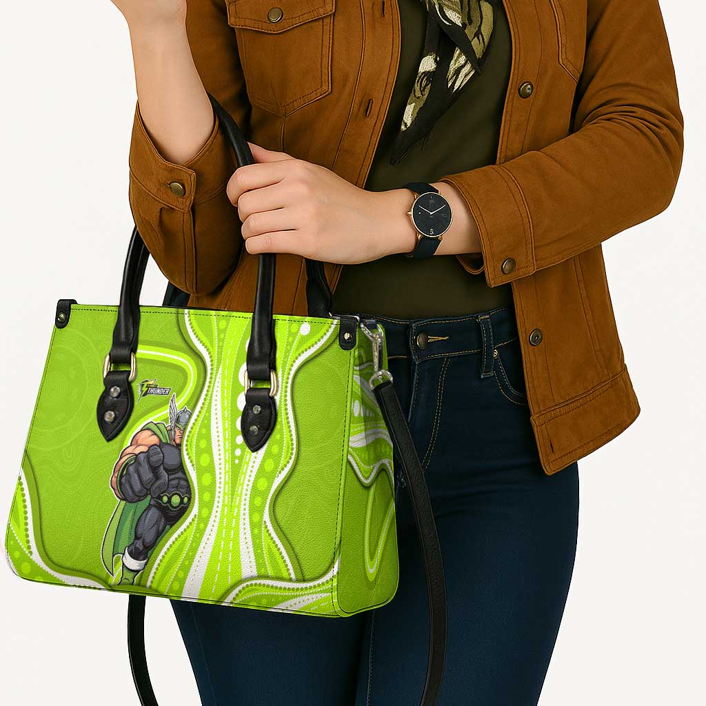 Sydney Thunder Leather Bag Aboriginal Dot Art Green White - Tribal Wave Pattern