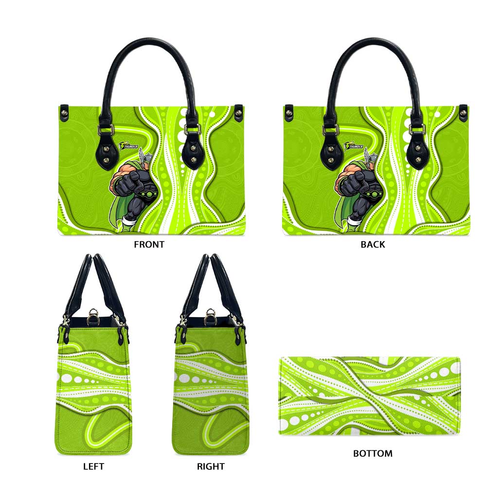 Sydney Thunder Leather Bag Aboriginal Dot Art Green White - Tribal Wave Pattern