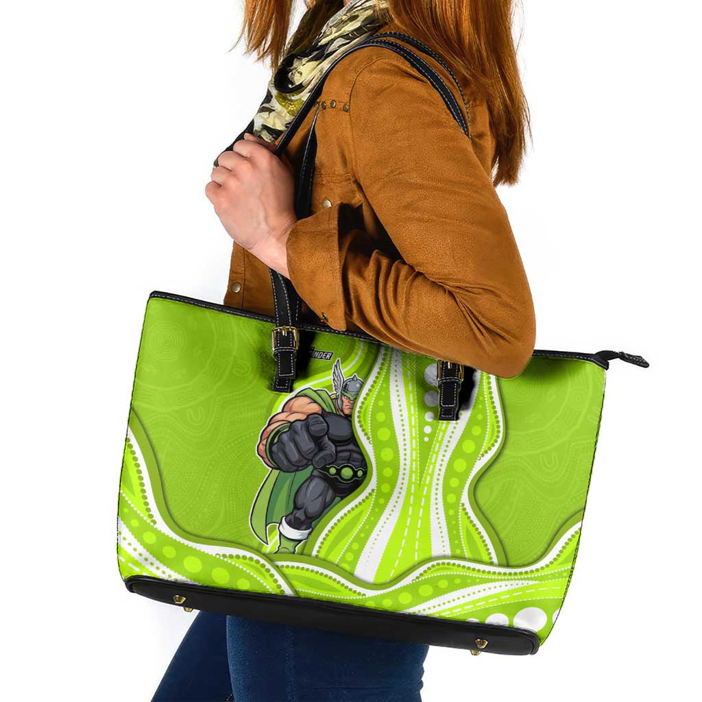 Sydney Thunder Leather Tote Bag Aboriginal Dot Art Green White - Tribal Wave Pattern