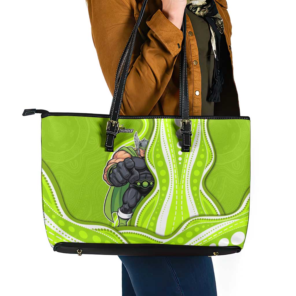 Sydney Thunder Leather Tote Bag Aboriginal Dot Art Green White - Tribal Wave Pattern