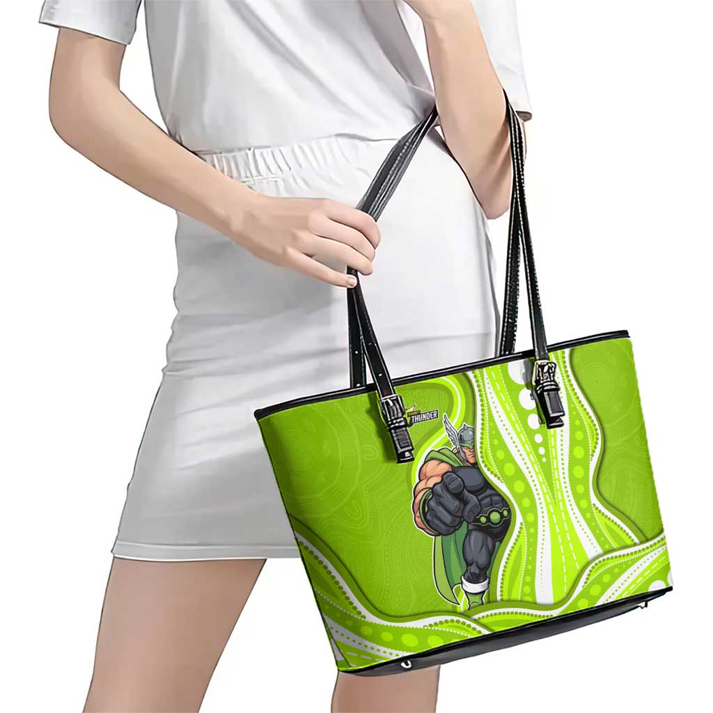 Sydney Thunder Leather Tote Bag Aboriginal Dot Art Green White - Tribal Wave Pattern