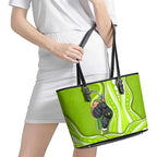 Sydney Thunder Leather Tote Bag Aboriginal Dot Art Green White - Tribal Wave Pattern