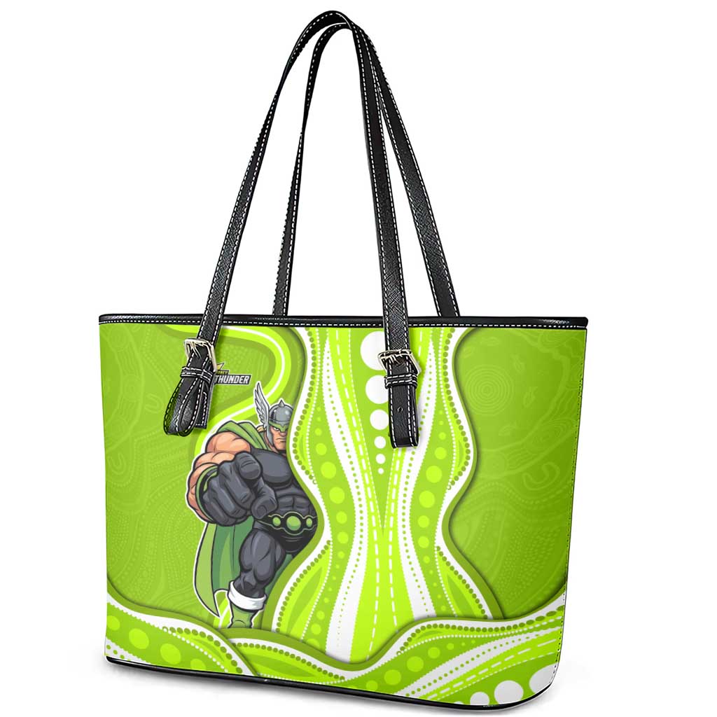 Sydney Thunder Leather Tote Bag Aboriginal Dot Art Green White - Tribal Wave Pattern