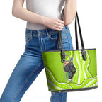 Sydney Thunder Leather Tote Bag Aboriginal Dot Art Green White - Tribal Wave Pattern