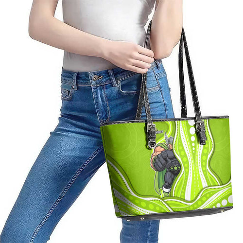 Sydney Thunder Leather Tote Bag Aboriginal Dot Art Green White - Tribal Wave Pattern