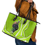 Sydney Thunder Leather Tote Bag Aboriginal Dot Art Green White - Tribal Wave Pattern