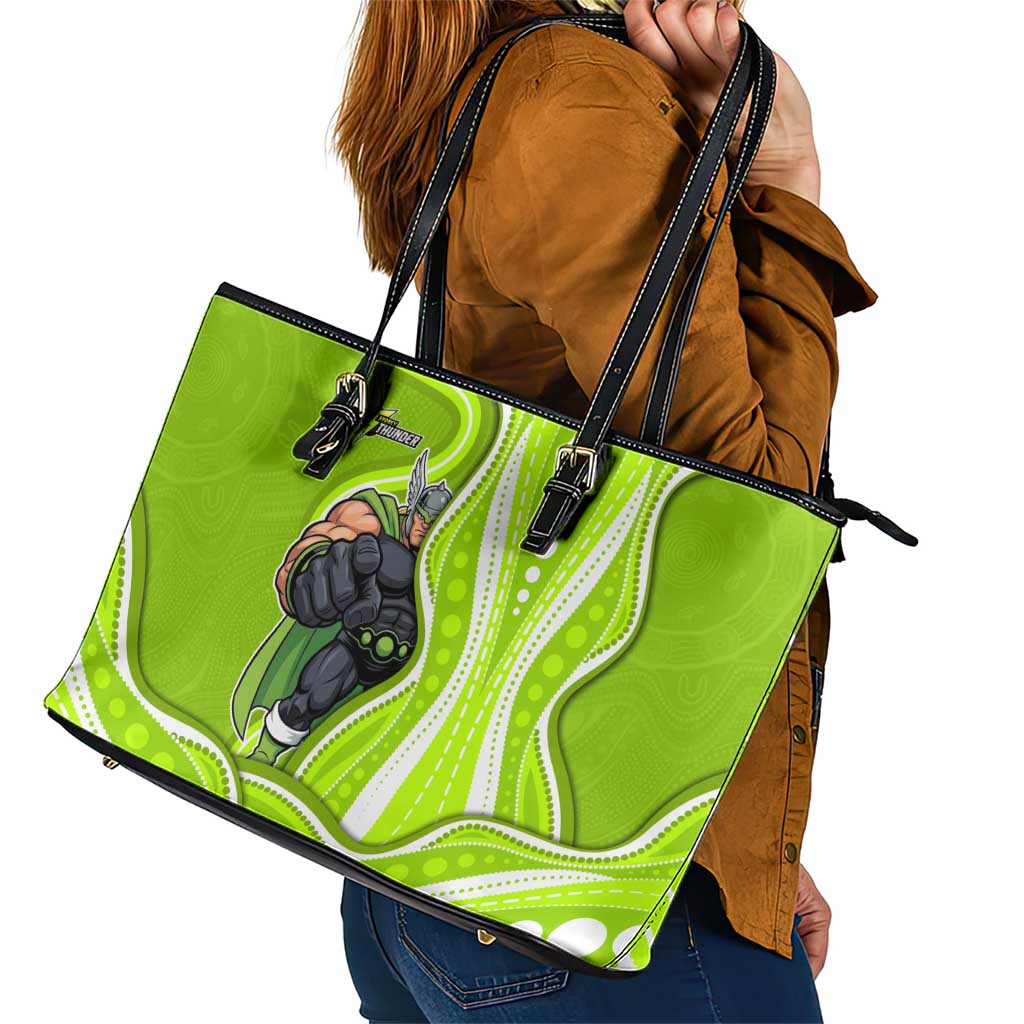 Sydney Thunder Leather Tote Bag Aboriginal Dot Art Green White - Tribal Wave Pattern