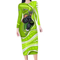 Sydney Thunder Long Sleeve Bodycon Dress Aboriginal Dot Art Green White - Tribal Wave Pattern