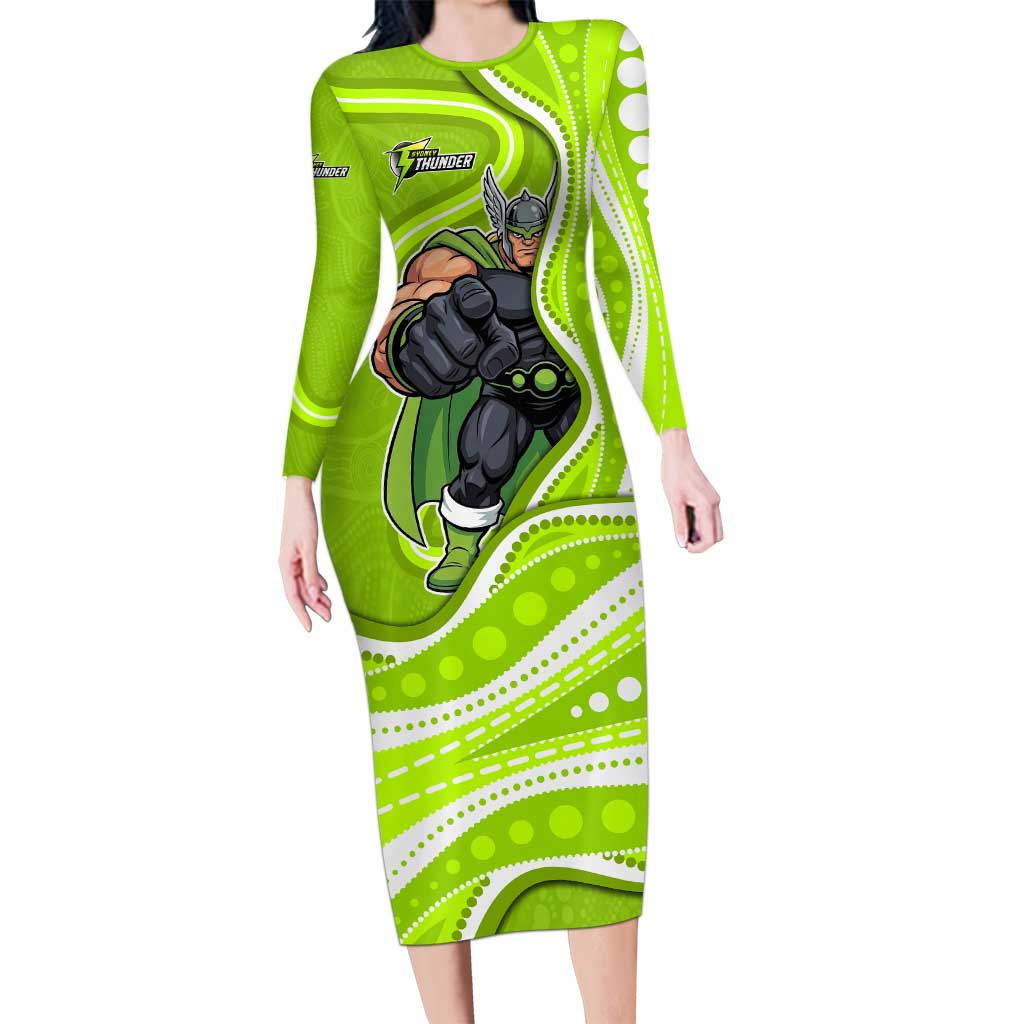 Sydney Thunder Long Sleeve Bodycon Dress Aboriginal Dot Art Green White - Tribal Wave Pattern