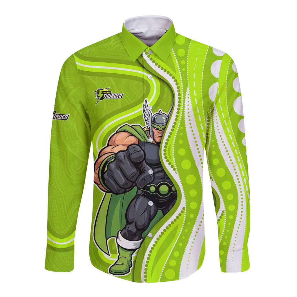 Sydney Thunder Long Sleeve Button Shirt Aboriginal Dot Art Green White - Tribal Wave Pattern