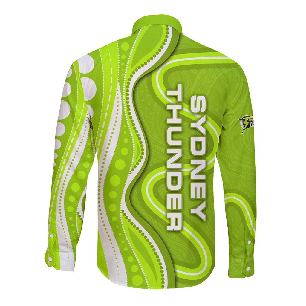 Sydney Thunder Long Sleeve Button Shirt Aboriginal Dot Art Green White - Tribal Wave Pattern