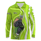 Sydney Thunder Long Sleeve Polo Shirt Aboriginal Dot Art Green White - Tribal Wave Pattern