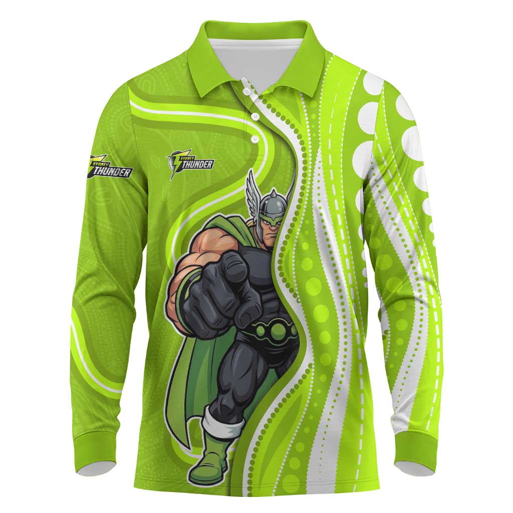 Sydney Thunder Long Sleeve Polo Shirt Aboriginal Dot Art Green White - Tribal Wave Pattern