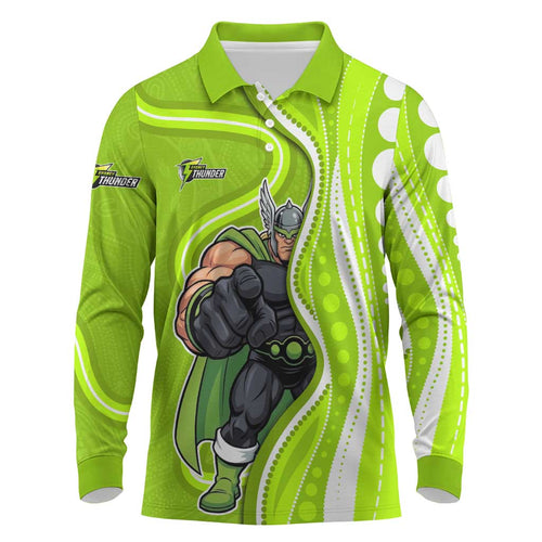 Sydney Thunder Long Sleeve Polo Shirt Aboriginal Dot Art Green White - Tribal Wave Pattern