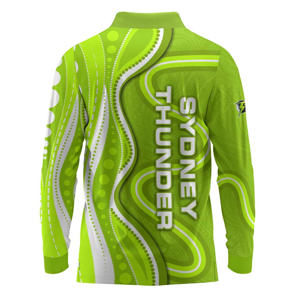 Sydney Thunder Long Sleeve Polo Shirt Aboriginal Dot Art Green White - Tribal Wave Pattern
