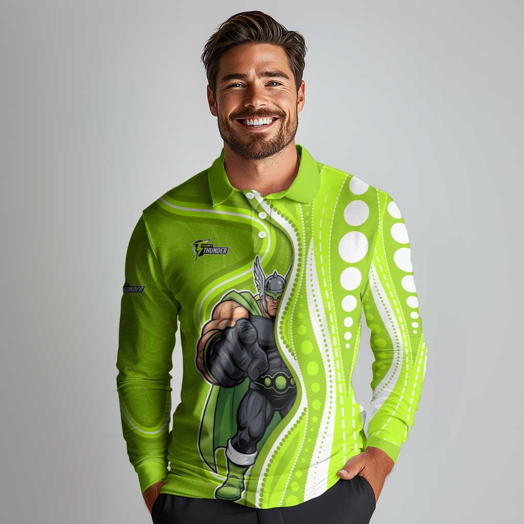 Sydney Thunder Long Sleeve Polo Shirt Aboriginal Dot Art Green White - Tribal Wave Pattern