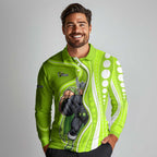 Sydney Thunder Long Sleeve Polo Shirt Aboriginal Dot Art Green White - Tribal Wave Pattern
