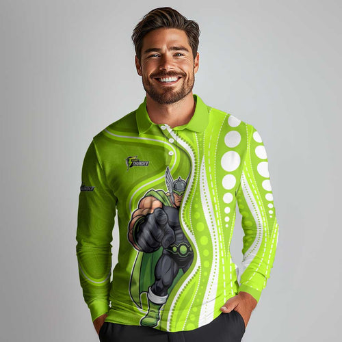 Sydney Thunder Long Sleeve Polo Shirt Aboriginal Dot Art Green White - Tribal Wave Pattern