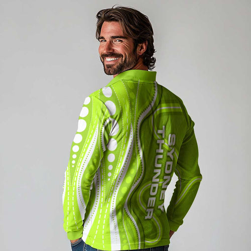 Sydney Thunder Long Sleeve Polo Shirt Aboriginal Dot Art Green White - Tribal Wave Pattern