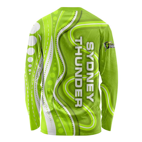 Sydney Thunder Long Sleeve Shirt Aboriginal Dot Art Green White - Tribal Wave Pattern