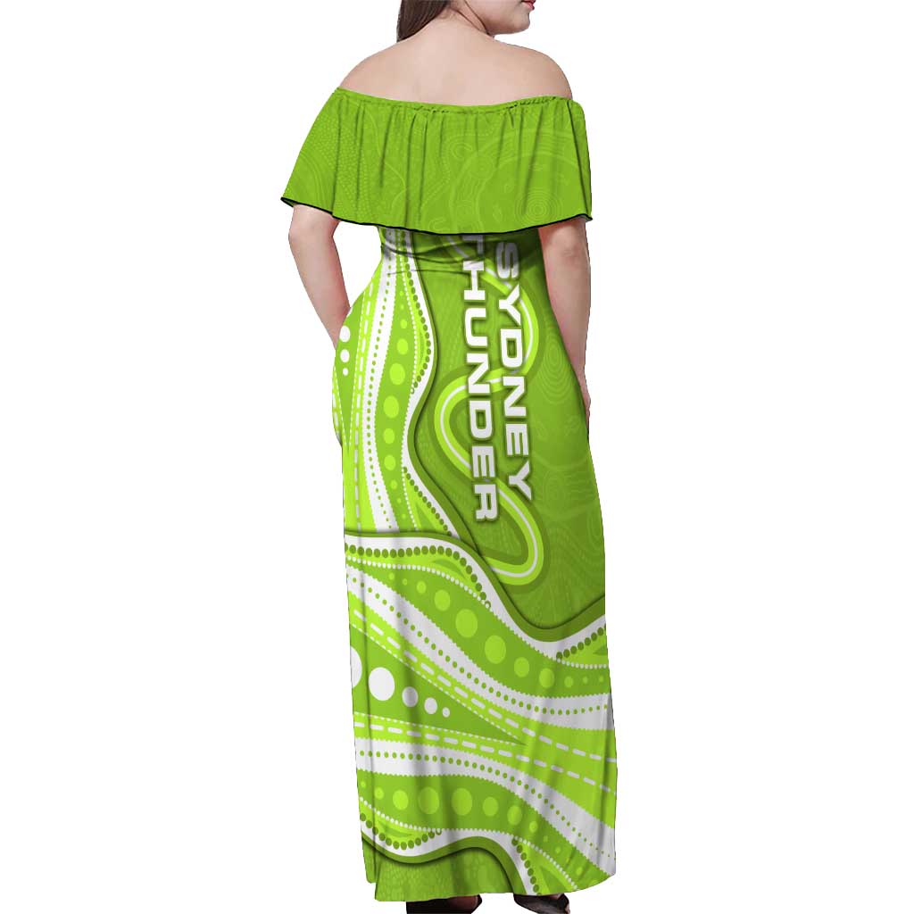 Sydney Thunder Off Shoulder Maxi Dress Aboriginal Dot Art Green White - Tribal Wave Pattern