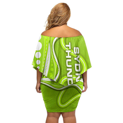 Sydney Thunder Off Shoulder Short Dress Aboriginal Dot Art Green White - Tribal Wave Pattern