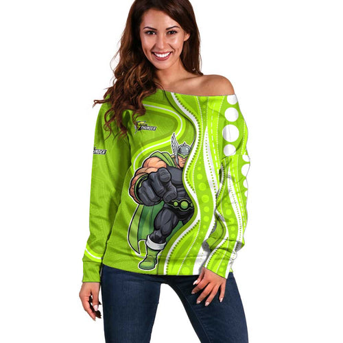Sydney Thunder Off Shoulder Sweater Aboriginal Dot Art Green White - Tribal Wave Pattern