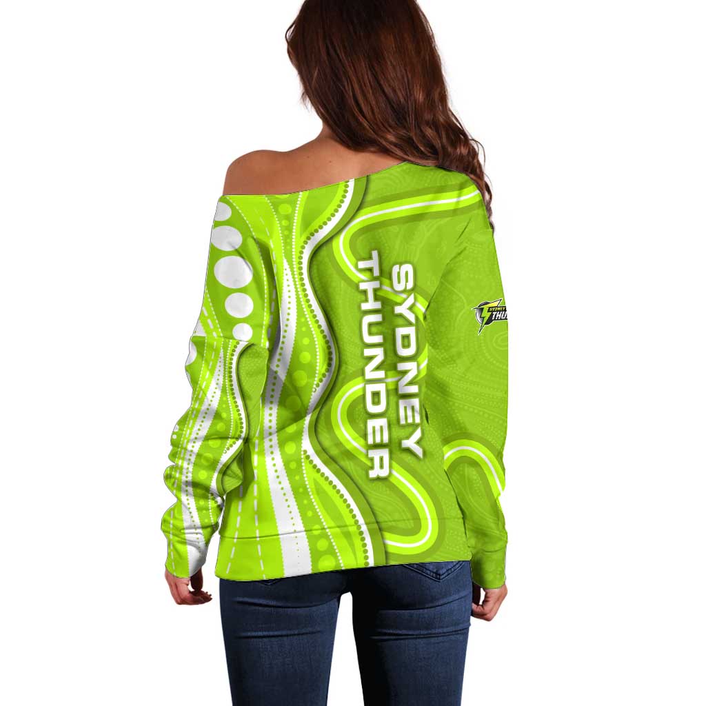 Sydney Thunder Off Shoulder Sweater Aboriginal Dot Art Green White - Tribal Wave Pattern