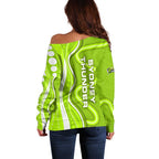 Sydney Thunder Off Shoulder Sweater Aboriginal Dot Art Green White - Tribal Wave Pattern