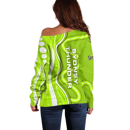 Sydney Thunder Off Shoulder Sweater Aboriginal Dot Art Green White - Tribal Wave Pattern
