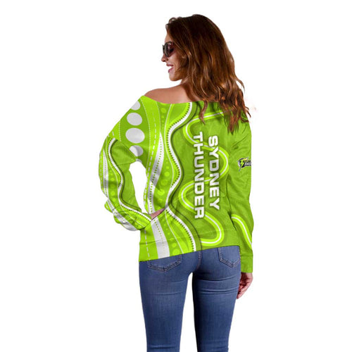 Sydney Thunder Off Shoulder Sweater Aboriginal Dot Art Green White - Tribal Wave Pattern