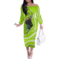 Sydney Thunder Off The Shoulder Long Sleeve Dress Aboriginal Dot Art Green White - Tribal Wave Pattern