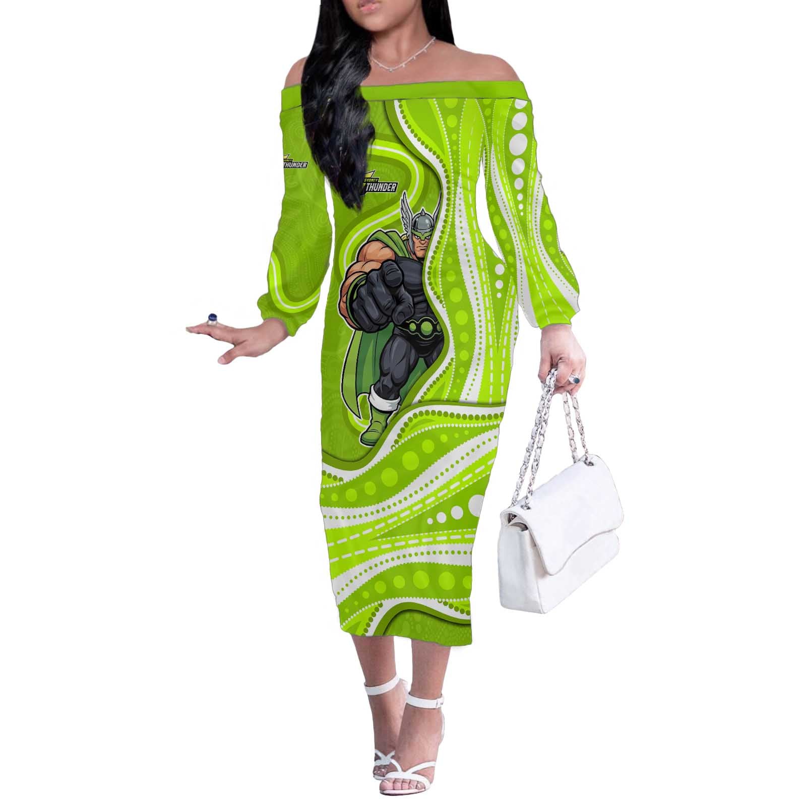 Sydney Thunder Off The Shoulder Long Sleeve Dress Aboriginal Dot Art Green White - Tribal Wave Pattern