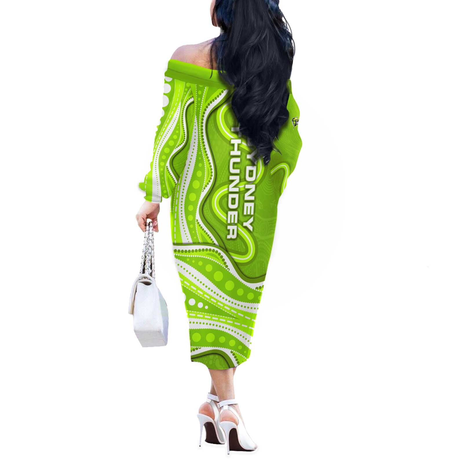 Sydney Thunder Off The Shoulder Long Sleeve Dress Aboriginal Dot Art Green White - Tribal Wave Pattern