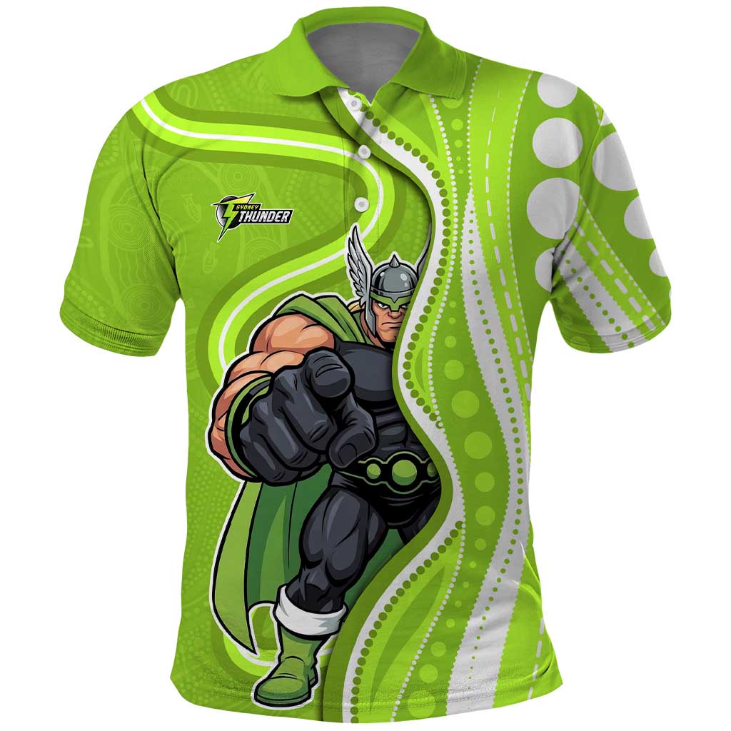 Sydney Thunder Polo Shirt Aboriginal Dot Art Green White - Tribal Wave Pattern