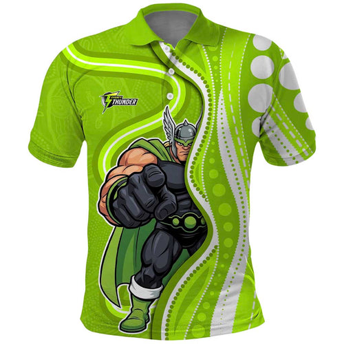 Sydney Thunder Polo Shirt Aboriginal Dot Art Green White - Tribal Wave Pattern
