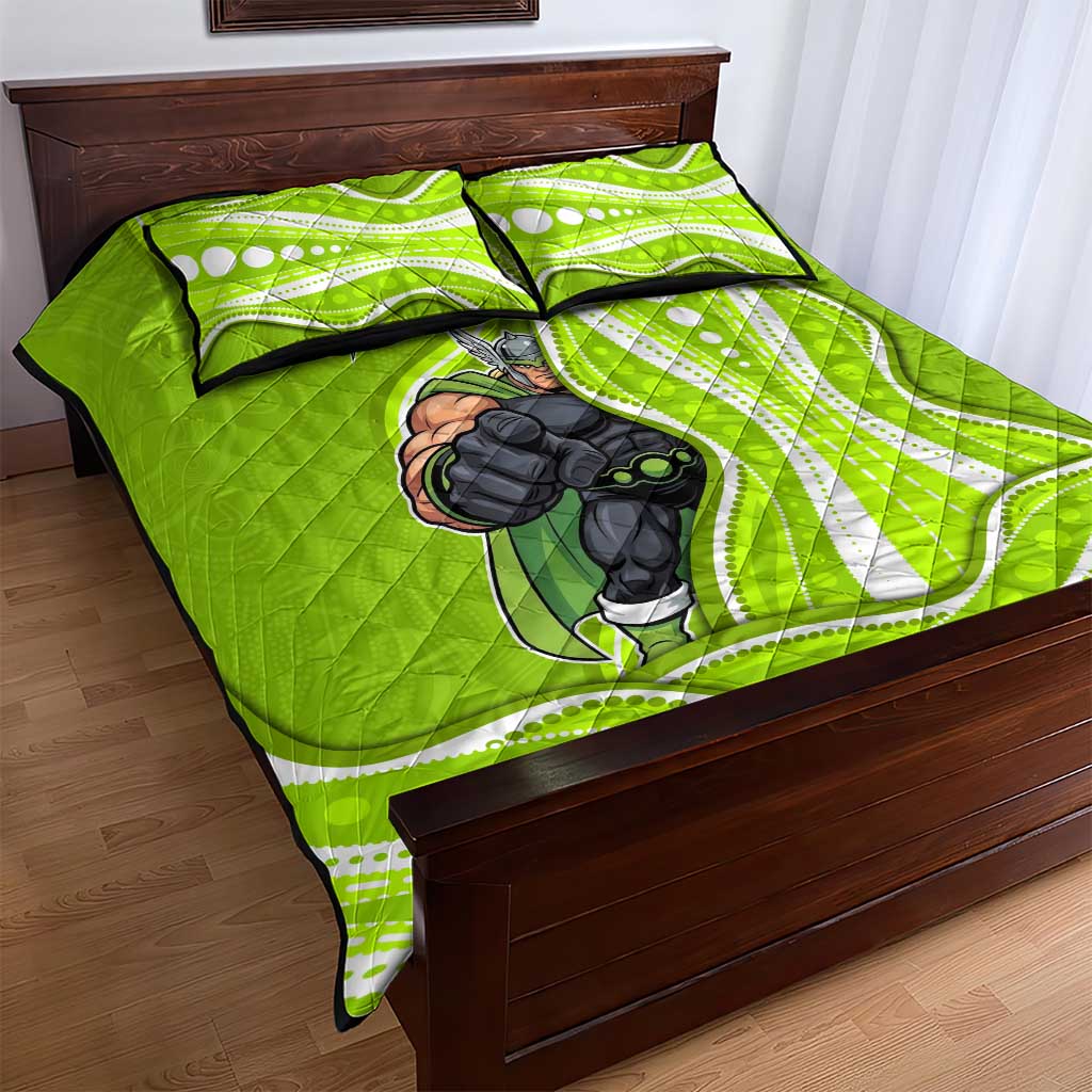 Sydney Thunder Quilt Bed Set Aboriginal Dot Art Green White - Tribal Wave Pattern