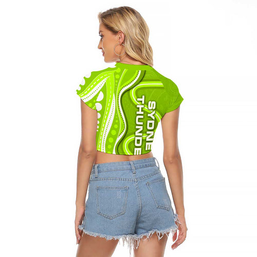 Sydney Thunder Raglan Cropped T Shirt Aboriginal Dot Art Green White - Tribal Wave Pattern