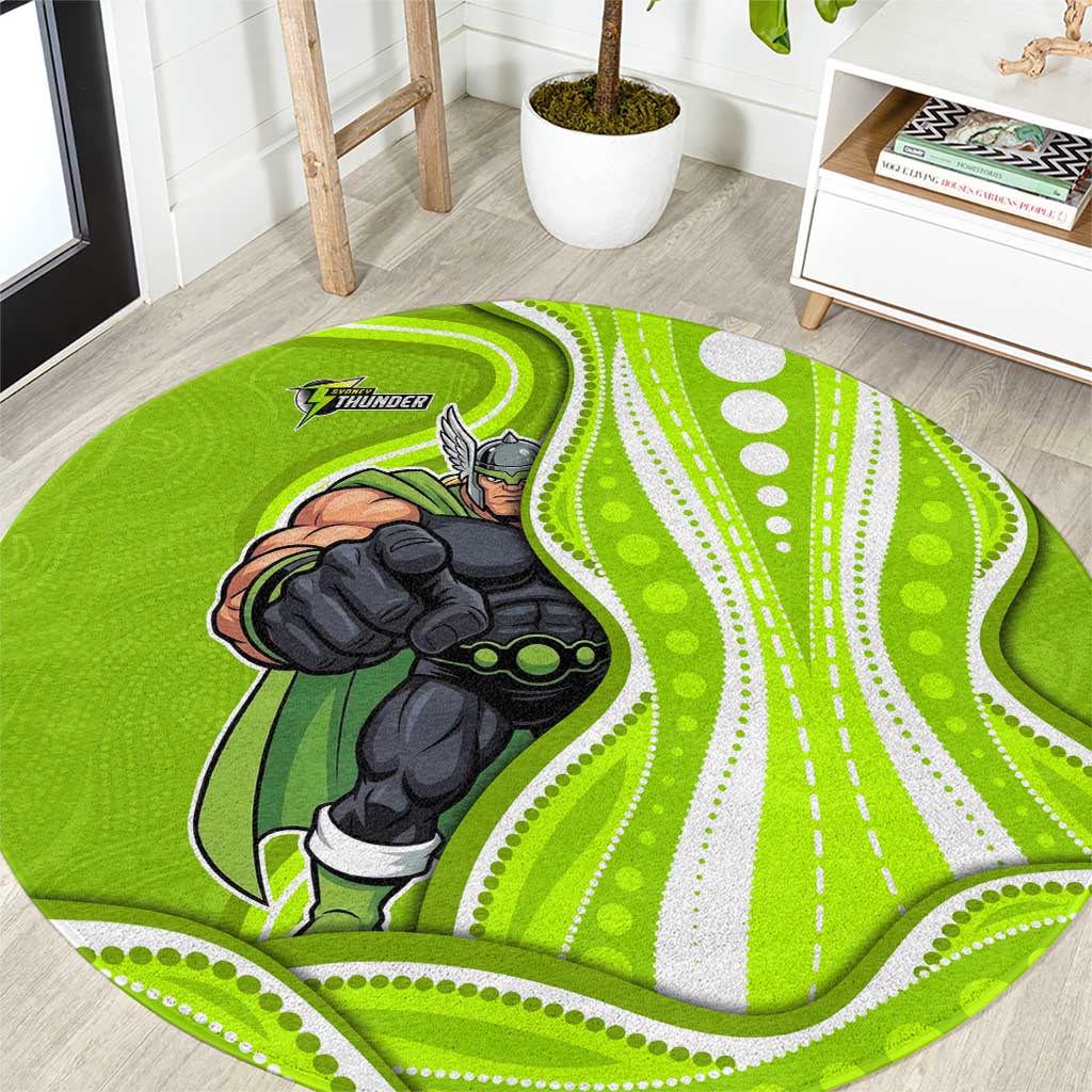 Sydney Thunder Round Carpet Aboriginal Dot Art Green White - Tribal Wave Pattern