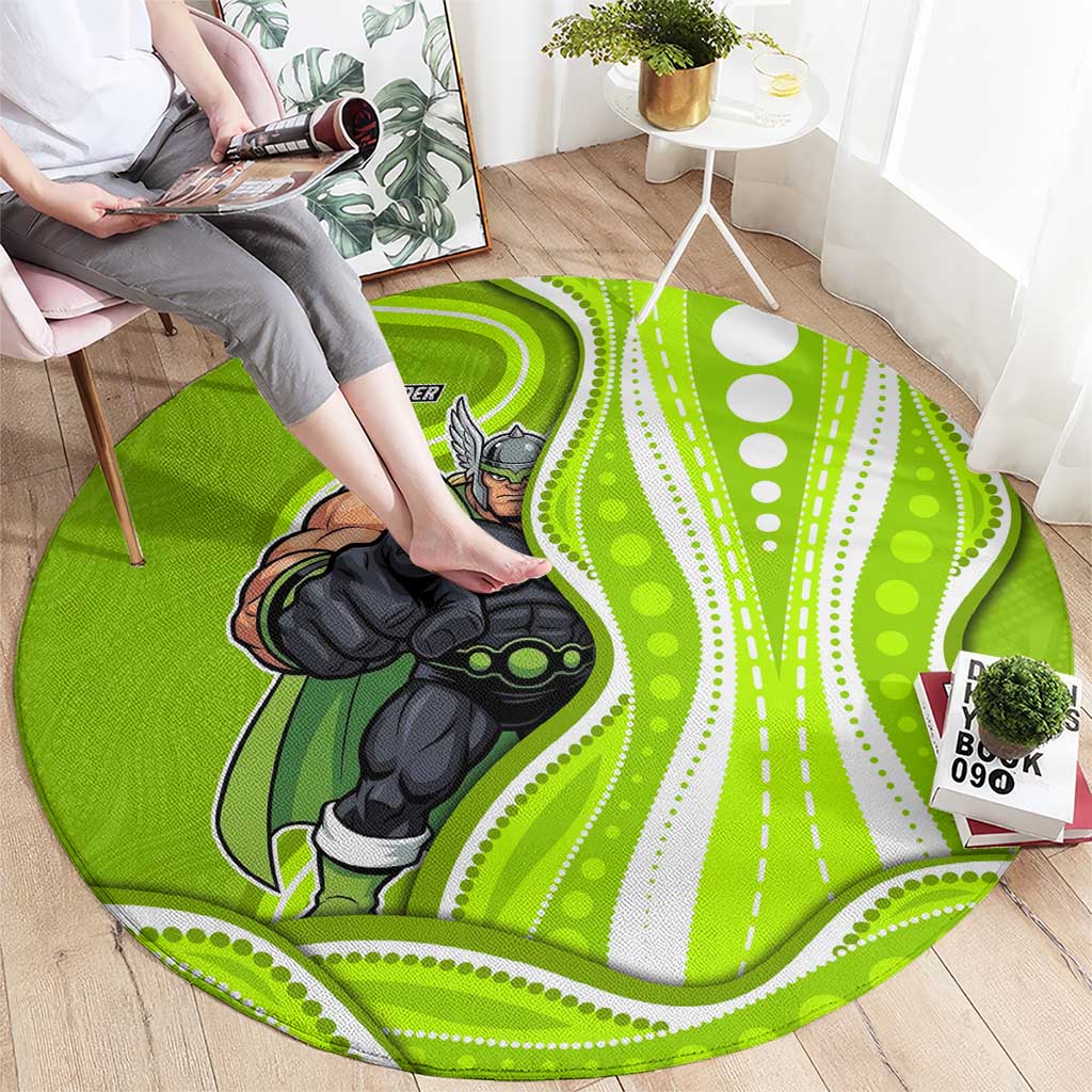 Sydney Thunder Round Carpet Aboriginal Dot Art Green White - Tribal Wave Pattern