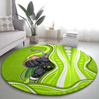 Sydney Thunder Round Carpet Aboriginal Dot Art Green White - Tribal Wave Pattern