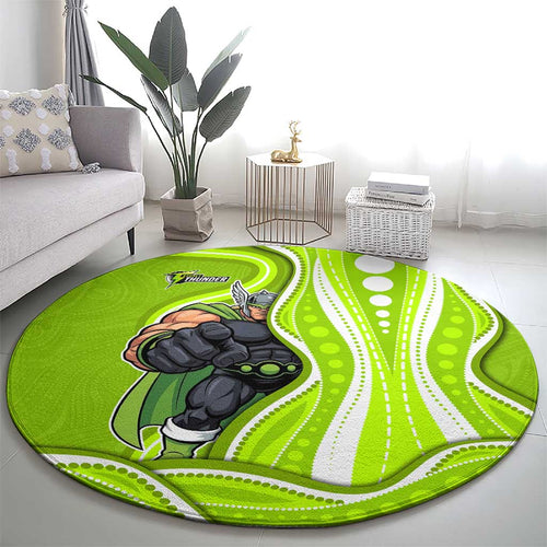 Sydney Thunder Round Carpet Aboriginal Dot Art Green White - Tribal Wave Pattern
