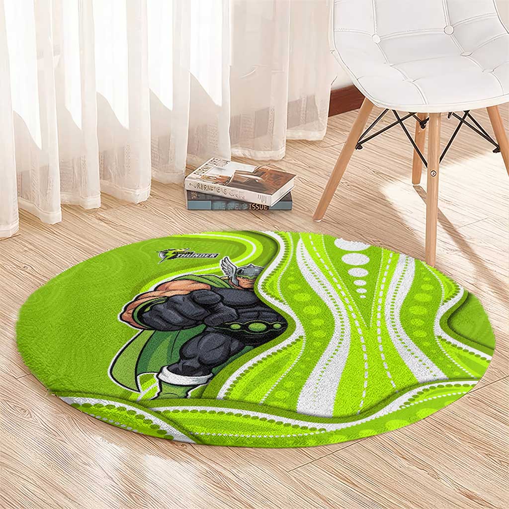Sydney Thunder Round Carpet Aboriginal Dot Art Green White - Tribal Wave Pattern