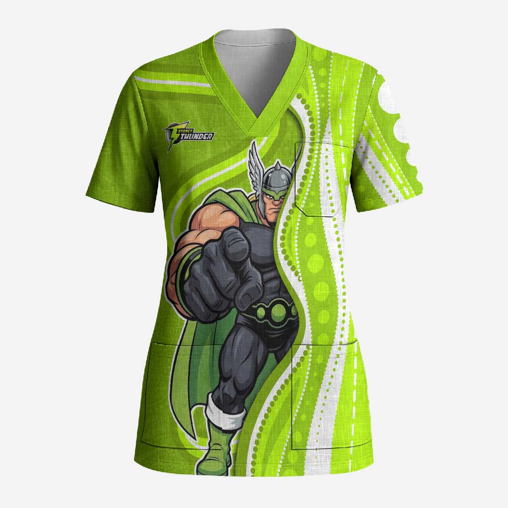 Sydney Thunder Scrub Top Aboriginal Dot Art Green White - Tribal Wave Pattern