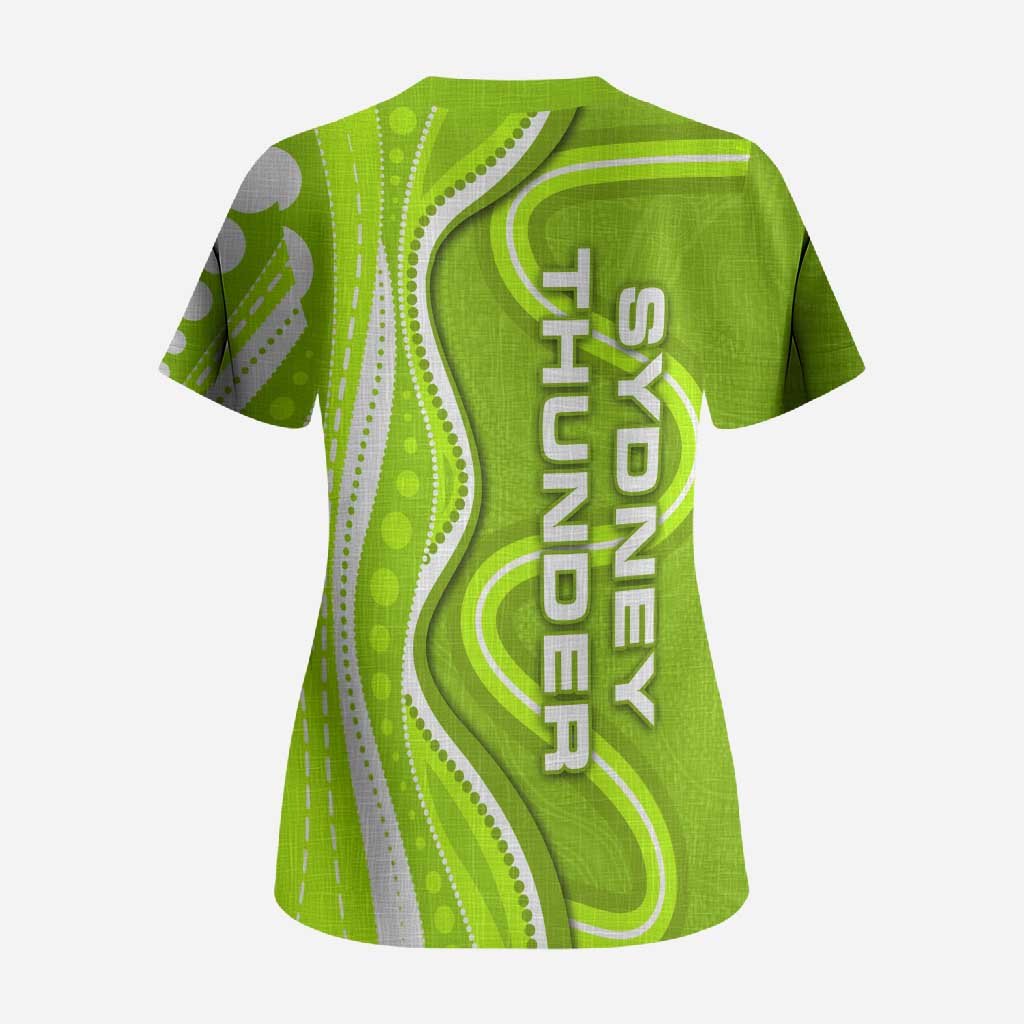 Sydney Thunder Scrub Top Aboriginal Dot Art Green White - Tribal Wave Pattern