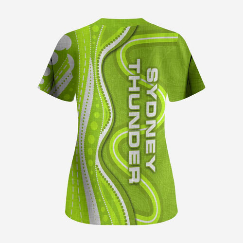 Sydney Thunder Scrub Top Aboriginal Dot Art Green White - Tribal Wave Pattern