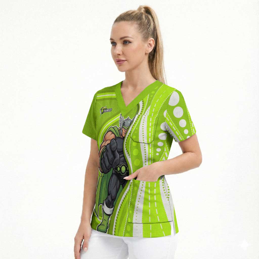 Sydney Thunder Scrub Top Aboriginal Dot Art Green White - Tribal Wave Pattern