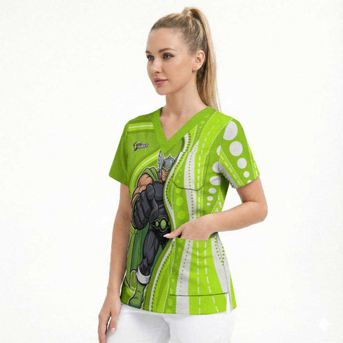 Sydney Thunder Scrub Top Aboriginal Dot Art Green White - Tribal Wave Pattern