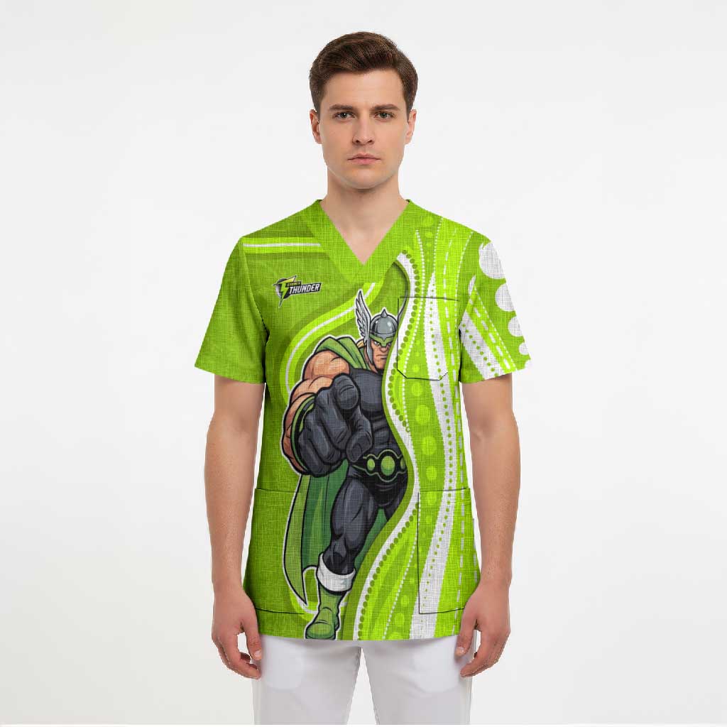 Sydney Thunder Scrub Top Aboriginal Dot Art Green White - Tribal Wave Pattern