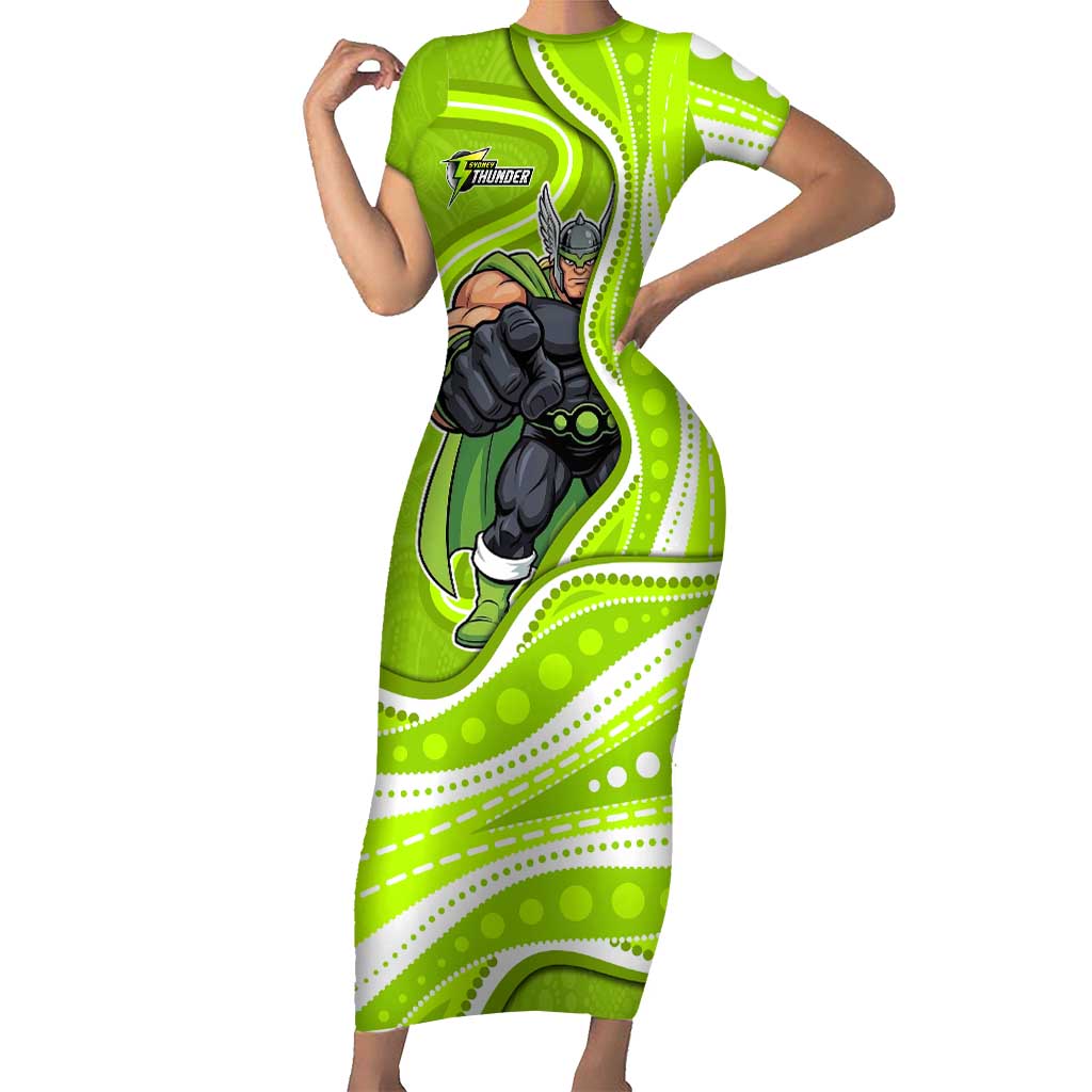 Sydney Thunder Short Sleeve Bodycon Dress Aboriginal Dot Art Green White - Tribal Wave Pattern